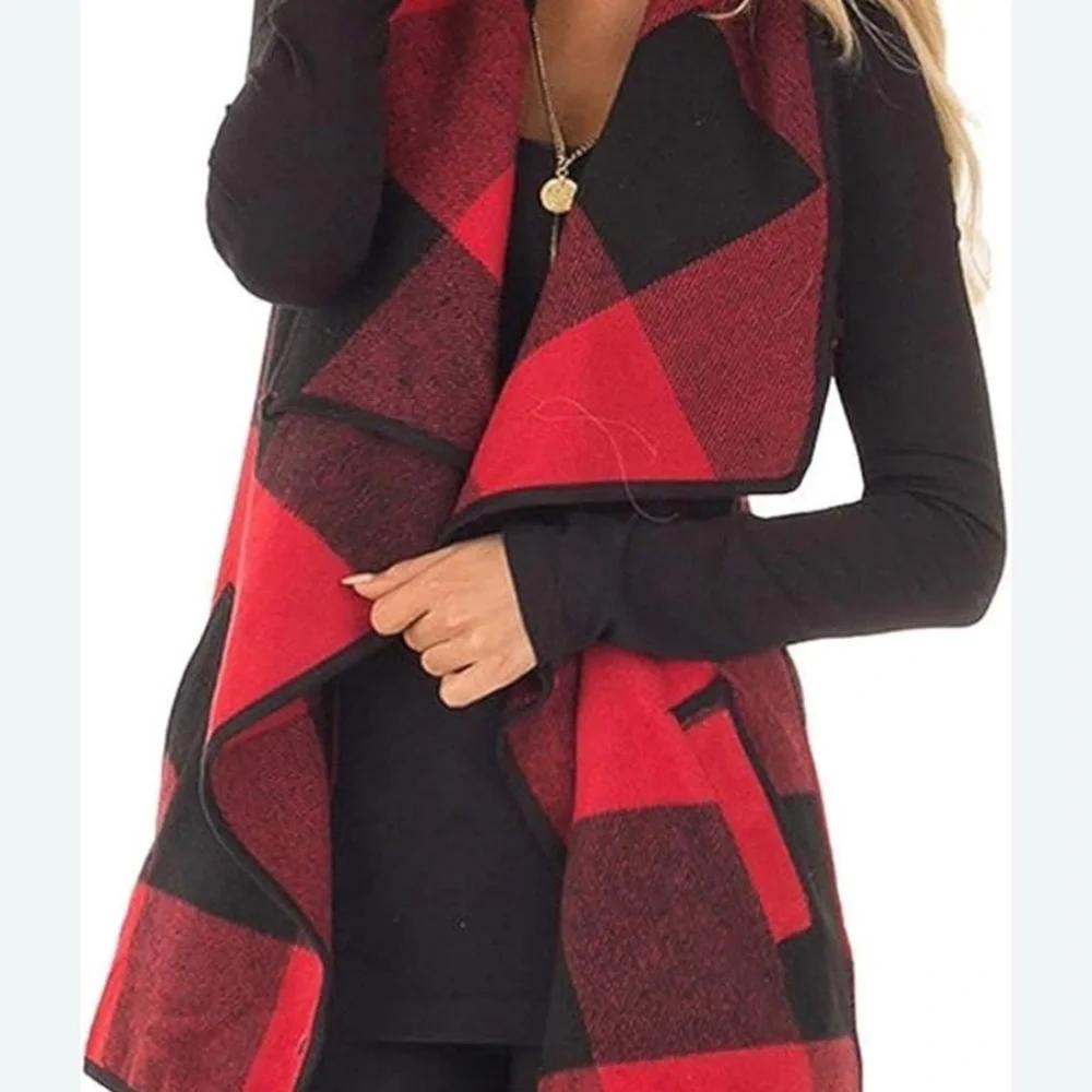 Cabin Core Cozy Red Black Buffalo Check Plaid Open Front Vest Winter Holiday - Picture 2 of 7